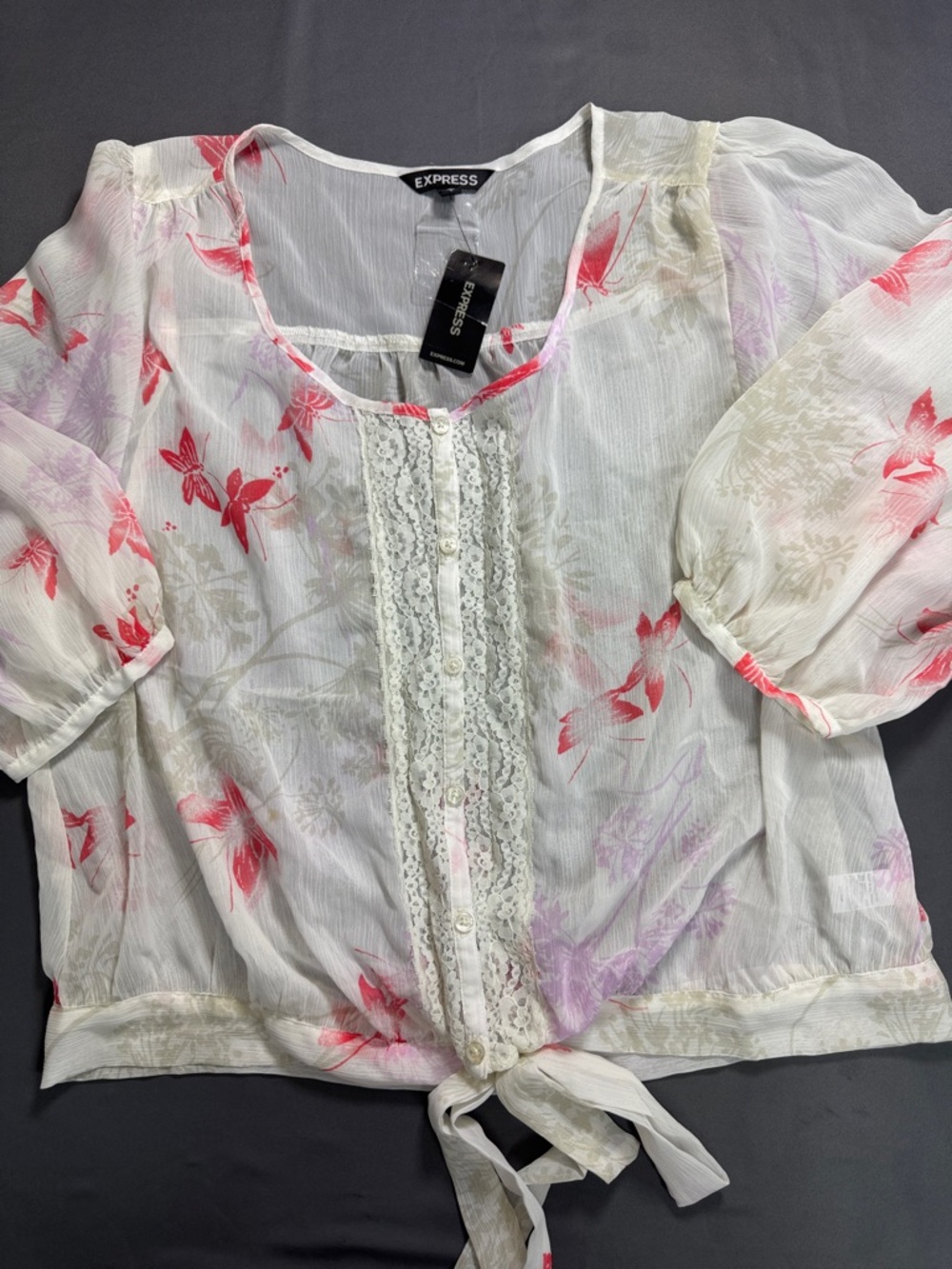 NWT Express White Sheer Floral Tie-Front Blouse Pink‎ Lavender Size L